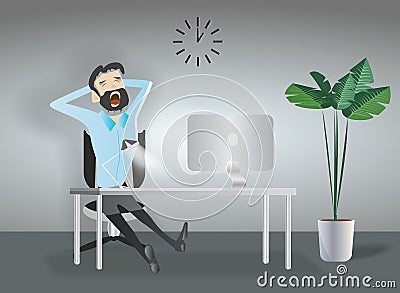 Business man sitting desktop computer, flat vector illustration. Vector Illustration