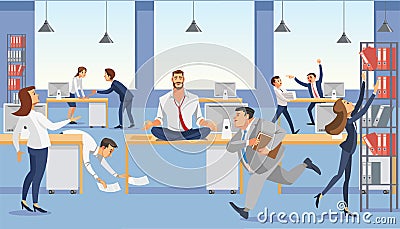 Business man sit on table in office. Calp in meditation relax. Stressed vector cartoon characters. Vector Illustration