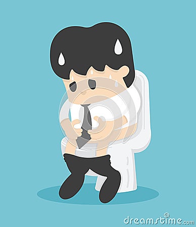 Business man sitting on the toilet with his stomach ache and possibly a bowel disease Vector Illustration