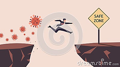 Business Man SMEs Runaway Covid-19, Coronavirus Crisis Jumping Through The Gap Obstacles of Cliff Edge to Safe zone. Meaning is Vector Illustration