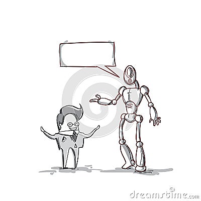 Business Man Speaking With Modern Robot, Businessman Meeting Discussion Vector Illustration