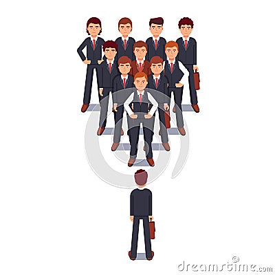 Business man standing against corporate team in wedge formation. Power and stress of leadership metaphor Vector Illustration