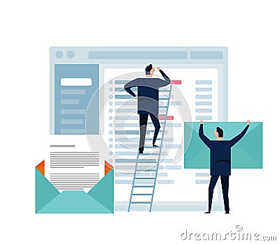 Business man standing looks at large screen. Data analysis, checking email.Digital technologies, computer device. small Vector Illustration