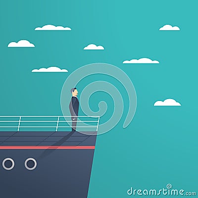 Business man standing on a ship as symbol of leadership, professionalism and strong, powerful manager. Vector Illustration