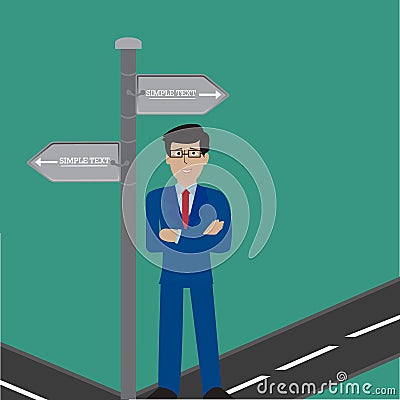 Business Man Standing Sign Choose Direction Way Signboard Vector Illustration Vector Illustration