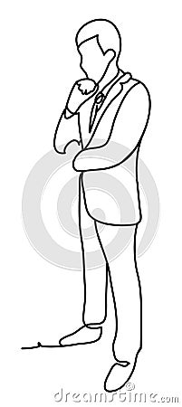 Business man standing and thinking. Manager think about something. Business concept illustration. Continuous line Vector Illustration