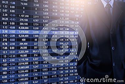 Business man on stock market financial trade indicator background. Man analysis stock market financial trade indices on LED. Stock Photo