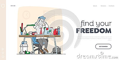 Business Man Stress and Frustration Landing Page Template. Tired Stressed Worker Sit at Office Desk with Laptop Vector Illustration