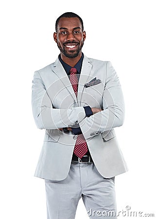 Business man, success and CEO smile in portrait, executive leadership and vision isolated on white background. Black man Stock Photo