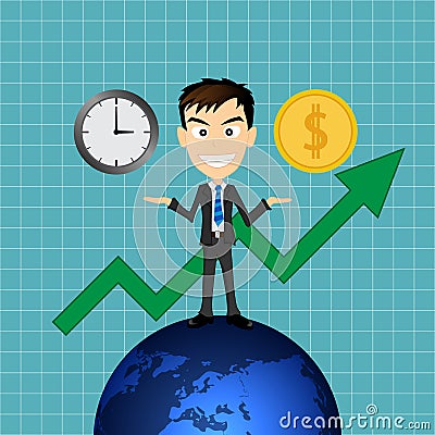 Business man success with time and money Vector Illustration