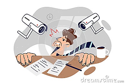 Business man suffers from persecution mania, hiding under table due to surveillance cameras Vector Illustration