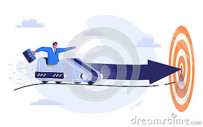 Business man in suit with case riding a roller coaster with arrow to the goal. Entrepreneur going to his aim Vector Illustration