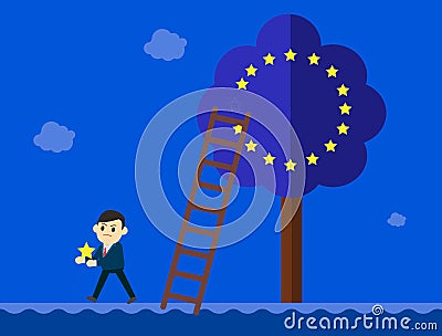 Business man in suit goes out from a European Union tree. Vector Illustration