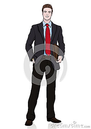 Business man in suit with a tie with a briefcase in his hands standing front side, vector cartoon portrait male full-length, multi Vector Illustration