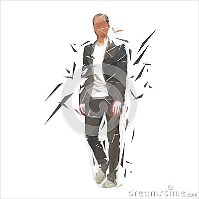Businessman in suit walking forward, low polygonal abstract vector silhouette, geometric drawing. Isolated character Vector Illustration