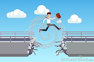 Business man jumping over broken bridge. Metaphor of overcoming fears and obstacles Vector Illustration