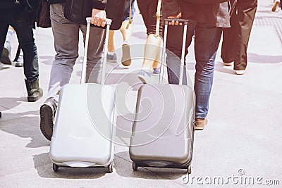 Business man with suitcase on street road traveler with luggage Stock Photo