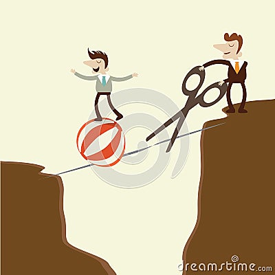 A business man takes a risky dangerous walk on a tightrope and e Vector Illustration