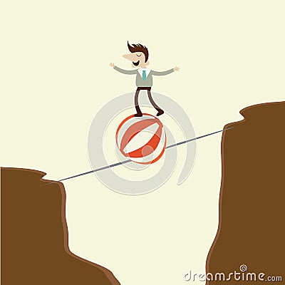 A business man takes a risky dangerous walk on a tightrope and p Stock Photo