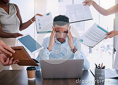 Business man tired from workload, management of time schedule project priority and employee burnout. Anxiety depression Stock Photo