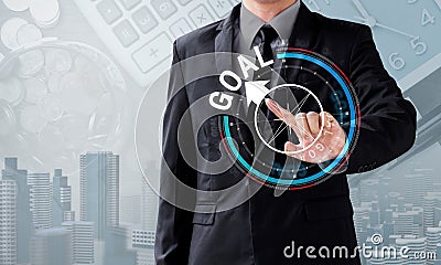 Business man touch rotate compass to goal direction Stock Photo