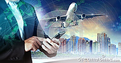 Business man touching on smart phone and air plane flying mid ai Stock Photo