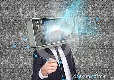 Business man with tv head and flares going out of the tv. Stock Photo