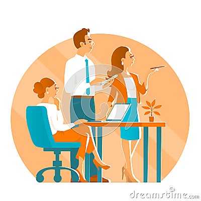 Business man and two girls in the process of working in the office Vector Illustration