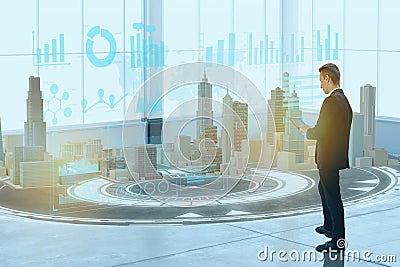Business man use augmented mixed virtual reality integrate artificial intelligence combine deep, machine learning, digital twin, 5 Stock Photo