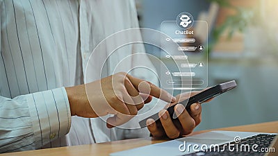 Business man using digital chatbot application Artificial Intelligence at home for online customer service. AI Chat Technology for Stock Photo