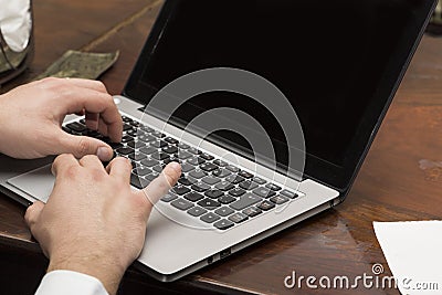 Business man using laptop close-up hands Stock Photo