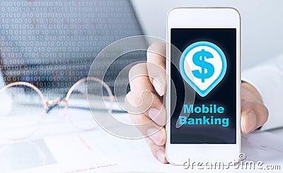 Business man using smartphone for Mobile Banking. Stock Photo