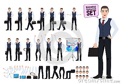 Business man vector character creation set with male office worker holding briefcase Vector Illustration