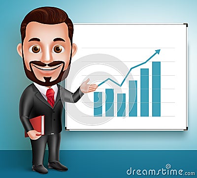 Business Man Vector Character Happy Speaking and Showing Chart Presentation Vector Illustration