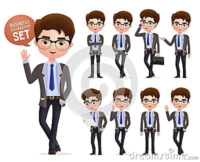 Business man vector character set. Male business characters happy standing, talking and waiving hand. Vector Illustration