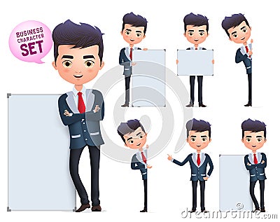 Business man vector characters set. Male business character standing and holding blank whiteboard. Vector Illustration