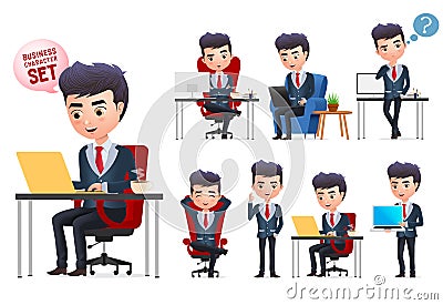 Business man vector characters set. Business professional office young manager character sitting. Vector Illustration