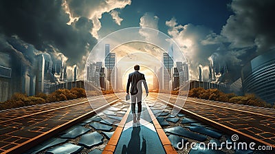 Business man walking on the long path road. Abstract business problem solving. Surreal Generative AI Stock Photo