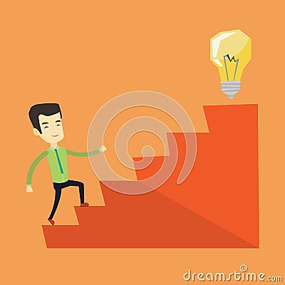 Business man walking upstairs to the idea bulb. Vector Illustration