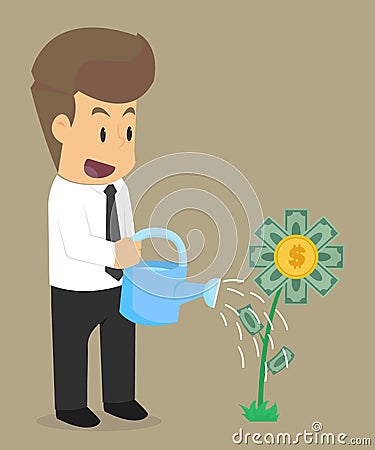 Business man watering flowers, investing money flowers Vector Illustration