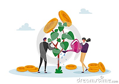 Business Man and Woman Characters Watering Money Tree, Growing Wealth Capital for Refund Care of Plant with Gold Coins Vector Illustration