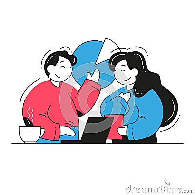 Business man and woman colleagues discuss profit analyzing chart work at office use laptop vector Vector Illustration