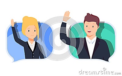 Business man and woman communicate. Chatting with chatbot on phone, online conversation with texting message Vector Illustration