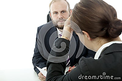 Business man woman at desk is unwell contract Stock Photo