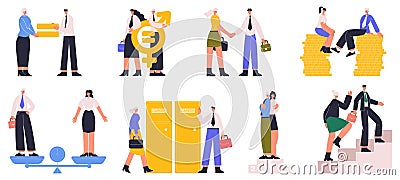 Business man and woman gender equality, equal career opportunities. Work gender equality, male and female equal rights Vector Illustration