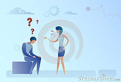 Business Man And Woman With Question Mark Pondering Problem Concept Vector Illustration