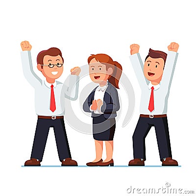 Business man and woman raising hands up over heads Vector Illustration