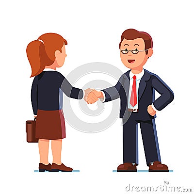 Business man and woman shaking hands firmly Vector Illustration