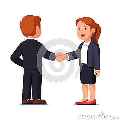 Business man and woman shaking hands firmly Vector Illustration