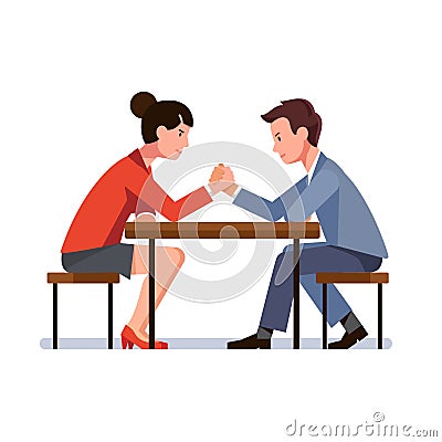 Business man and woman sitting and arm wrestling Vector Illustration
